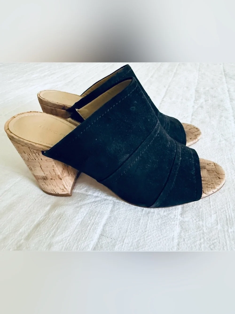 Marc Fisher Prenna Black Suede Open Toe Cork High Heel Slip-On Mule Sandals 9M